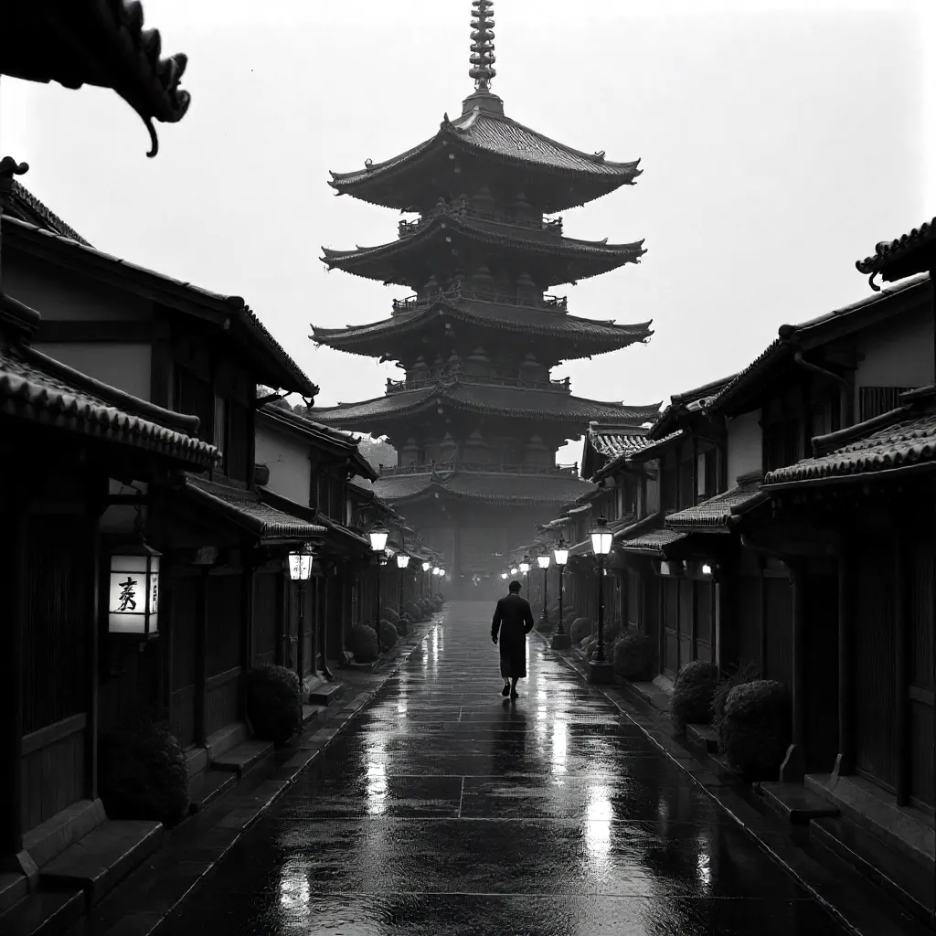 Monochrome Pagoda Street: Traditional Japanese Scene