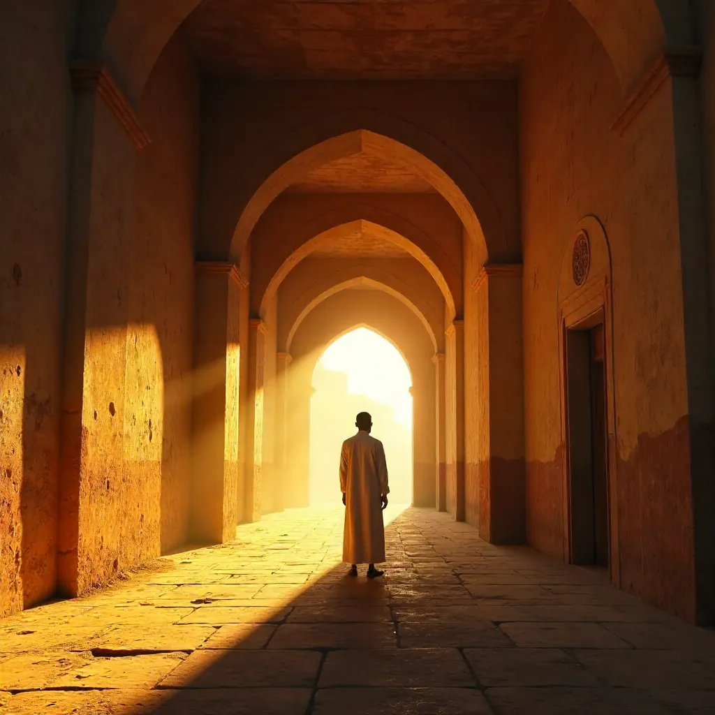 Silhouette in Gombe's Historic Arched Corridor