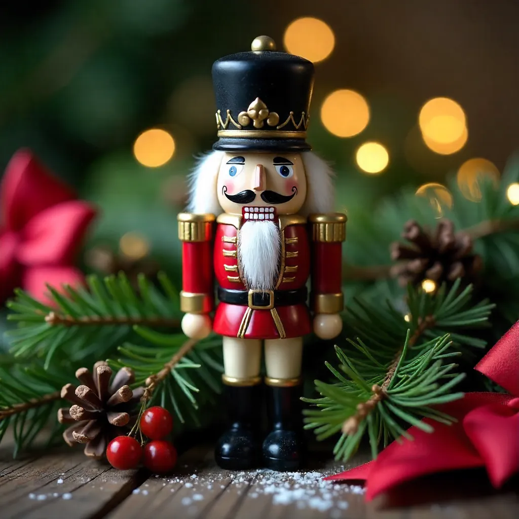 Nutcracker Ornament Among Festive Greenery