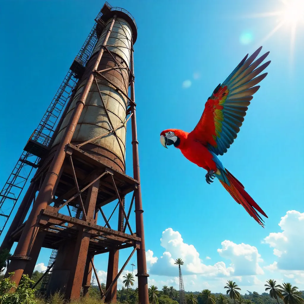 Macaws Soar Past a Towering Structure in Palmas