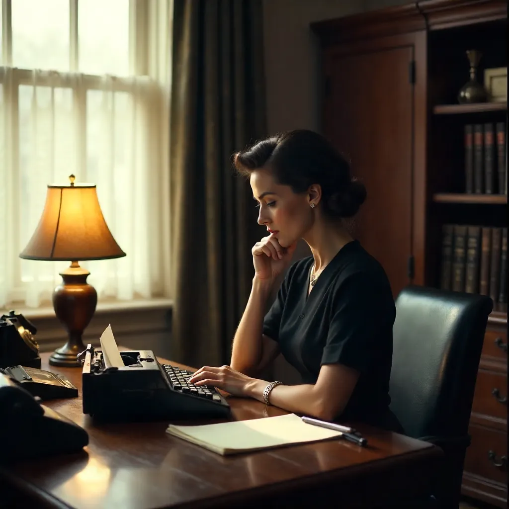 Pensively Dressed in Black in a Vintage Typewriter Office