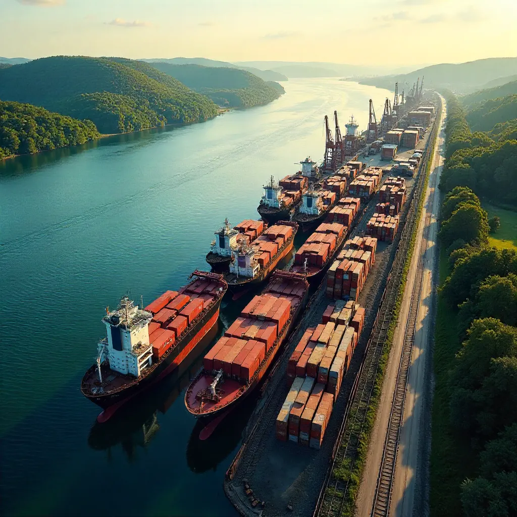 Aerial View: Cargo Ships at a River Port Among Industry and Nature
