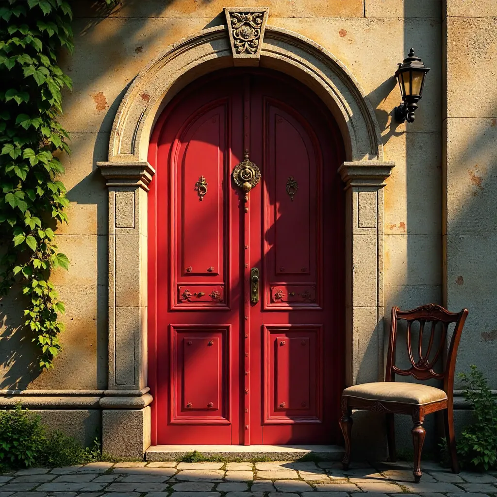 Red Arched Door with Ornate Design and Rustic Chair
