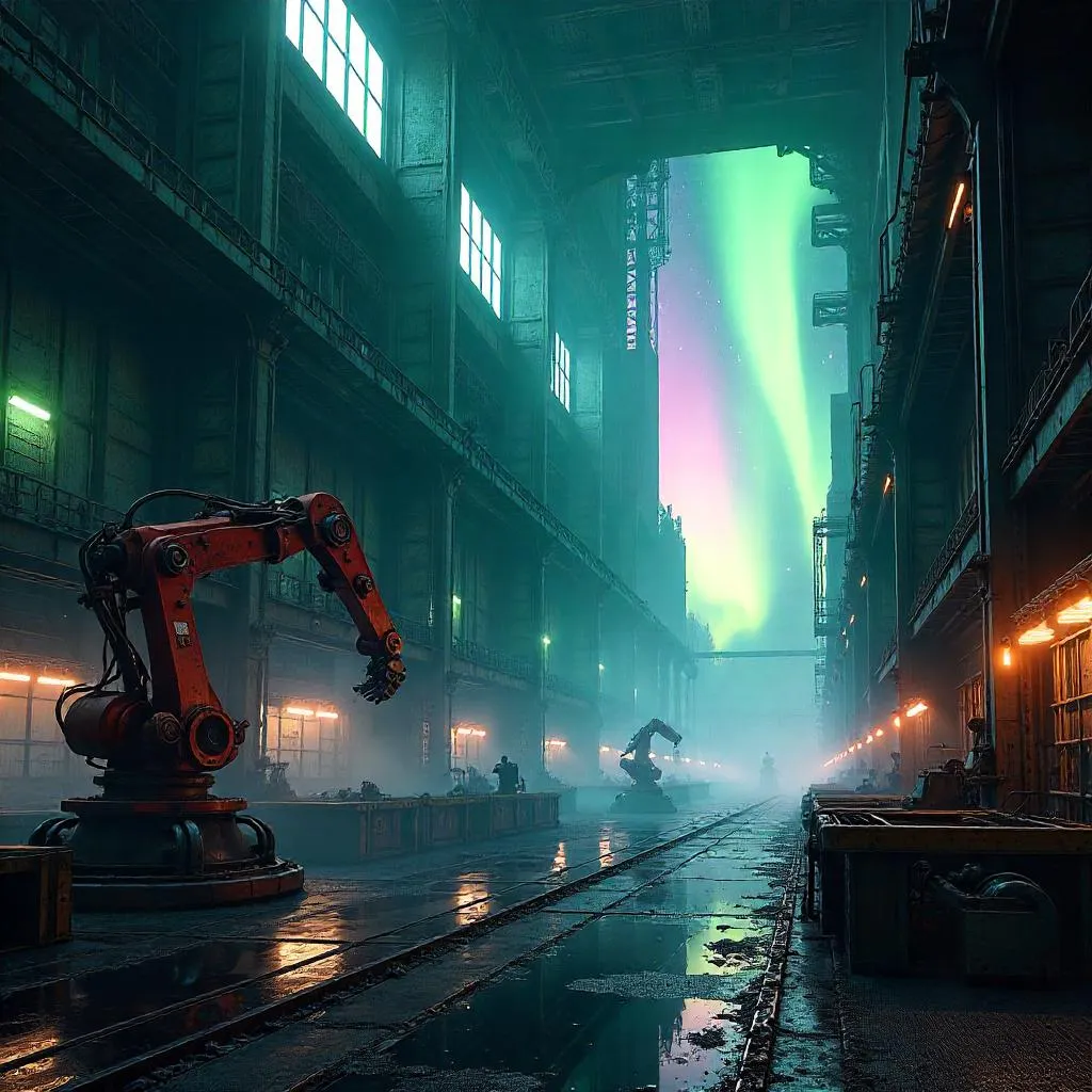 Aurora Over a Photorealistic Robot Factory