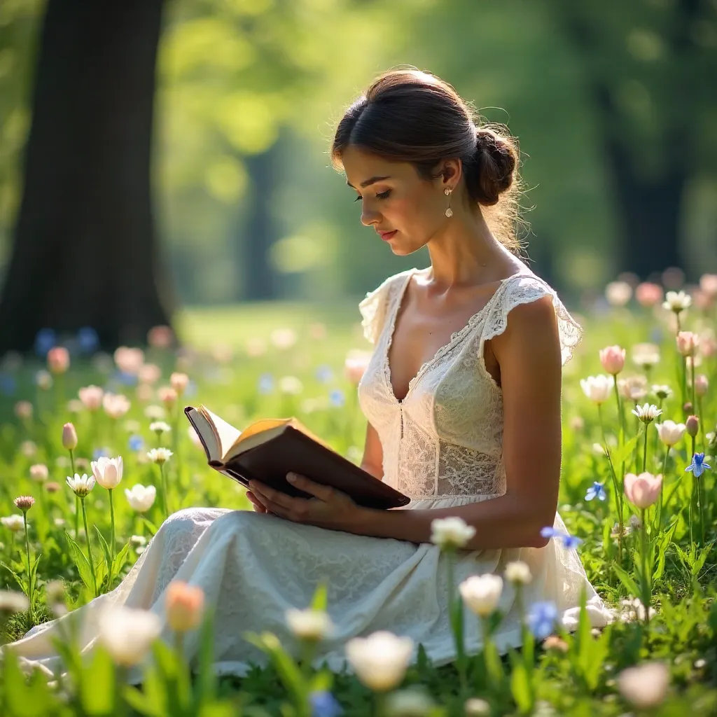 Whispering Meadow: Lace Dress Reading a Book