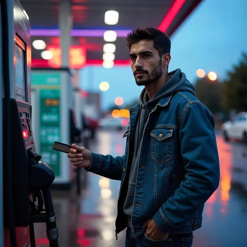 Photorealistic portrait: Young Middle Eastern man at a gas station