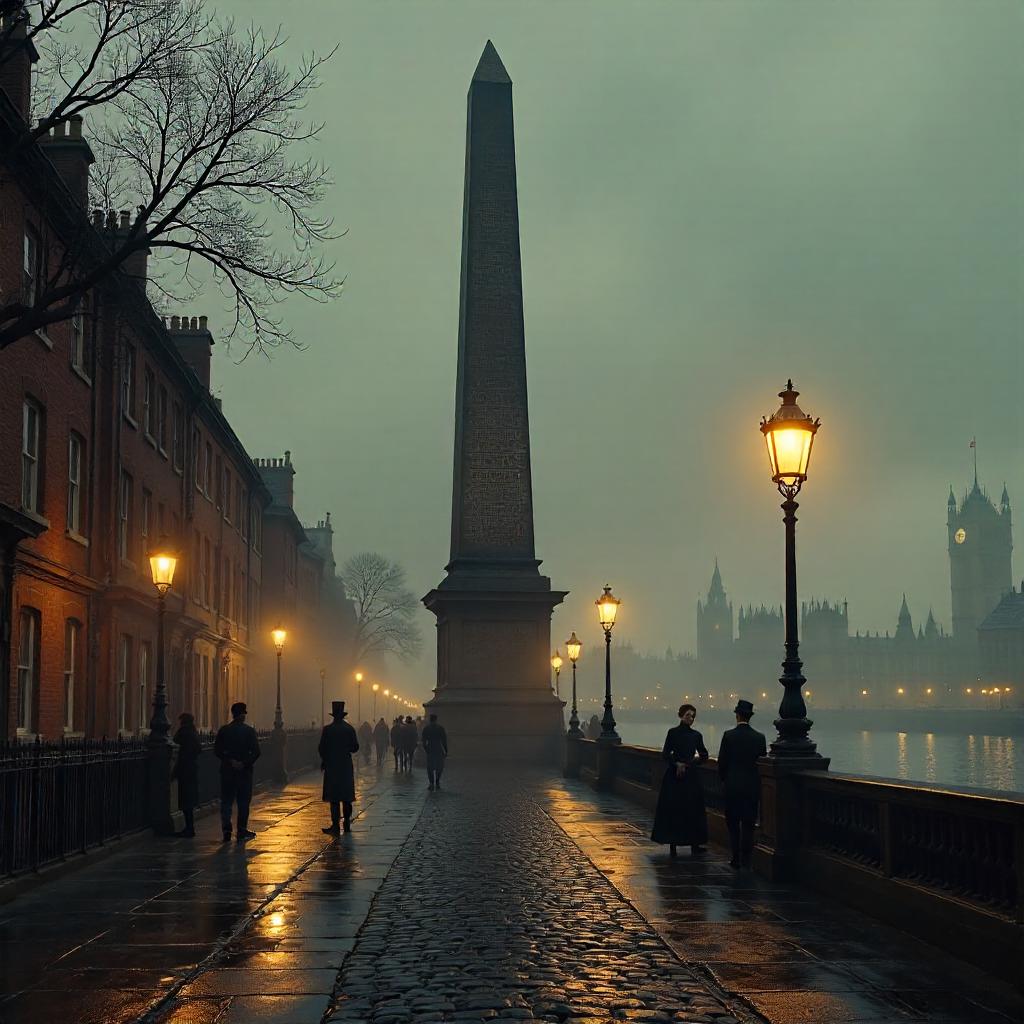 Photorealistic Obelisk in Victorian London Fog