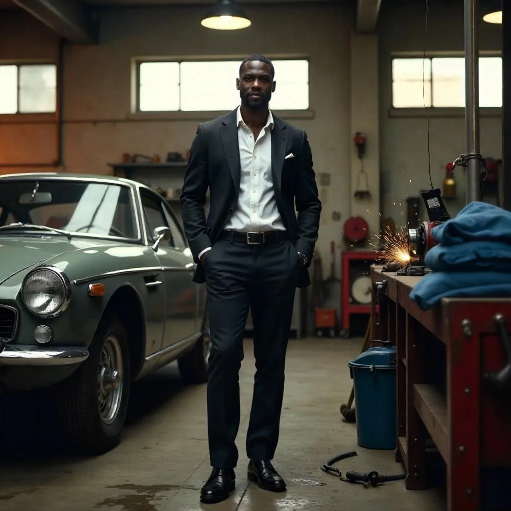 Elegant Black Man in a Photorealistic Mechanic Shop