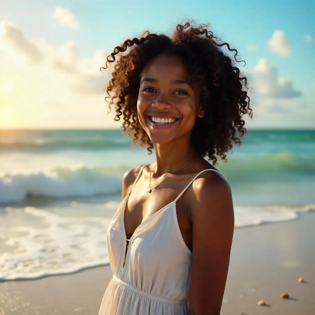 Photorealistic Portrait of a Beautiful Black Girl by the Ocean