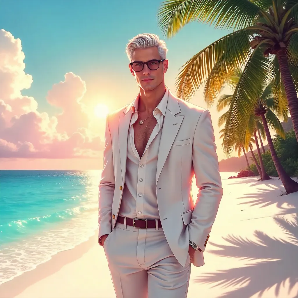 Elegant anime gentleman in a tropical paradise