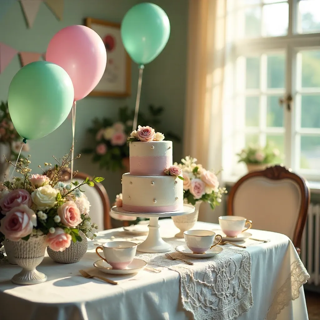 Pastel Vintage Party Setup: Cake, Balloons & Florals