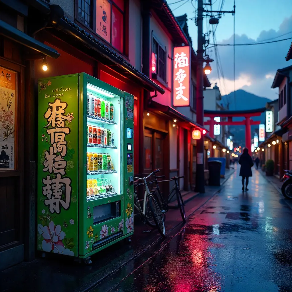 Vibrant Kyoto Vending Machine: Diverse Drinks & Neon Urban Culture