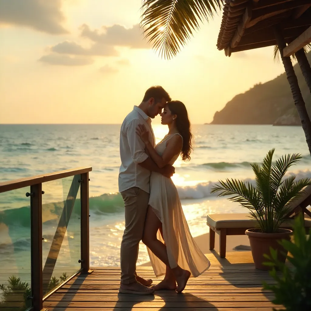 Loving Embrace on a Serene Beachfront Deck