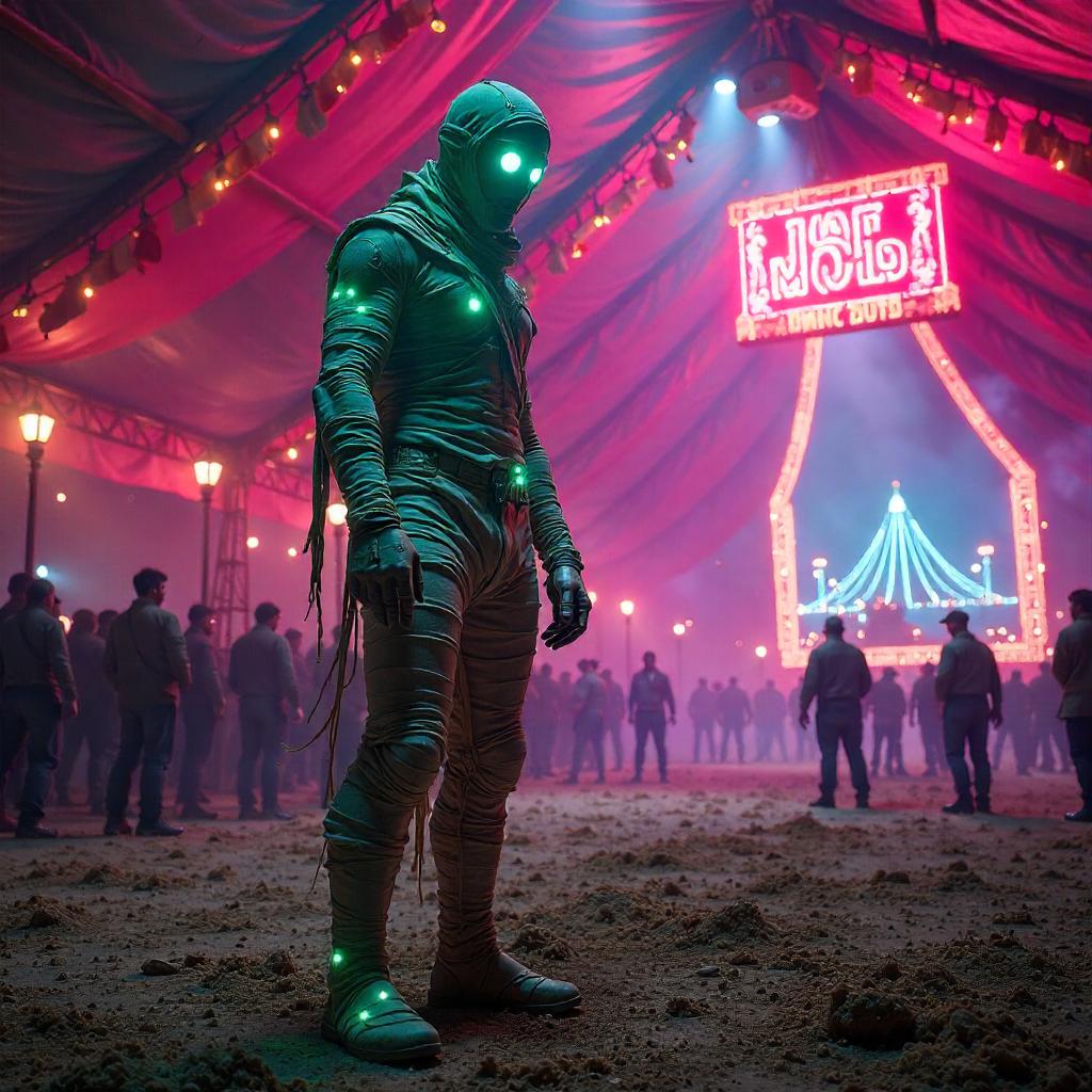 Neon Mummy in a Cyberpunk Circus Tent
