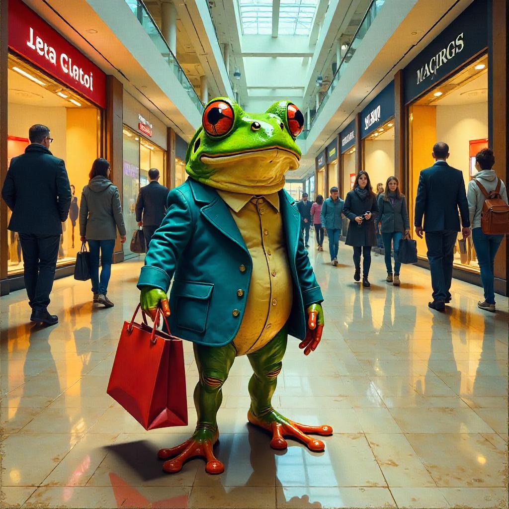 Frog in Oil Painting at a Bustling Mall