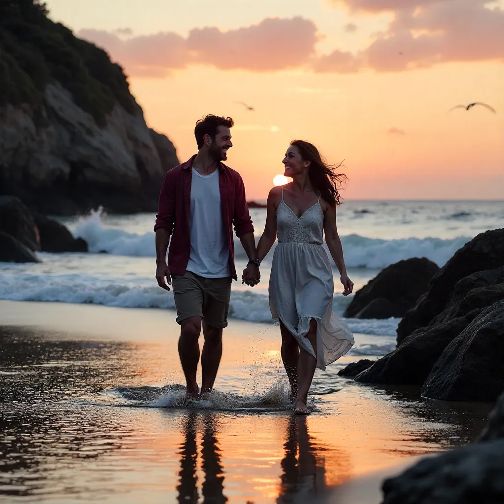 Joyful Couple at Dusk on Rocky Shore