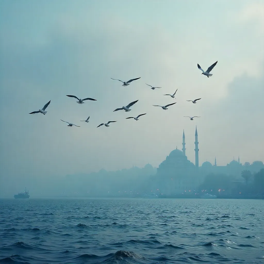 Seagulls Over a Foggy Bosporus Skyline
