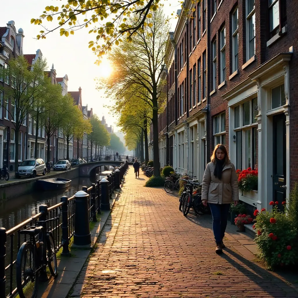 Authentic Amsterdam Street with Canal Houses and a Passerby