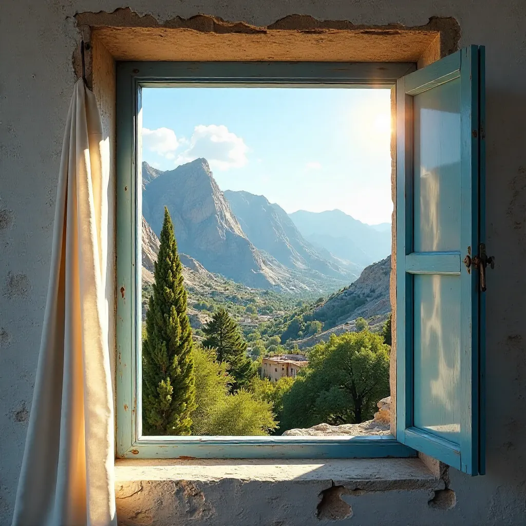Sunny Mountain View Through a Rustic Lebanese Window