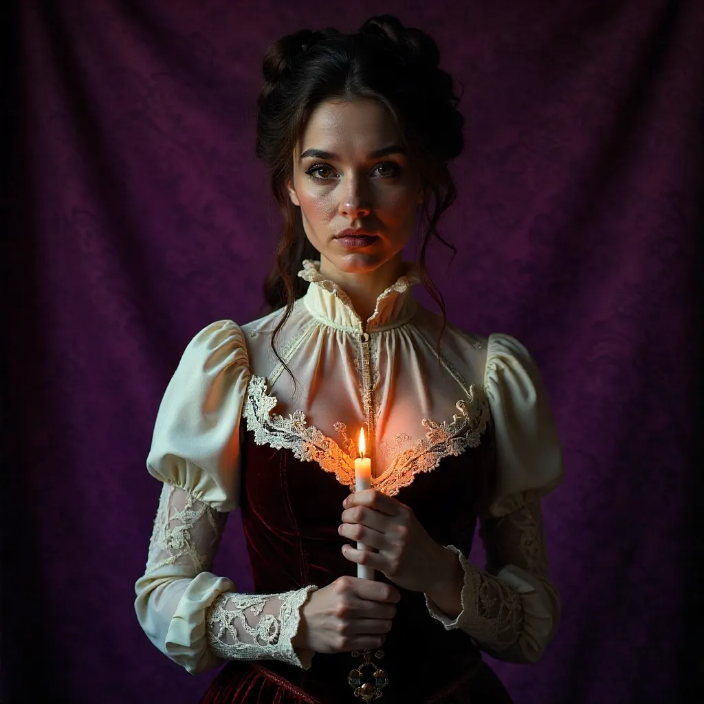 Vintage Lady Holding a Candle in Purple Backdrop