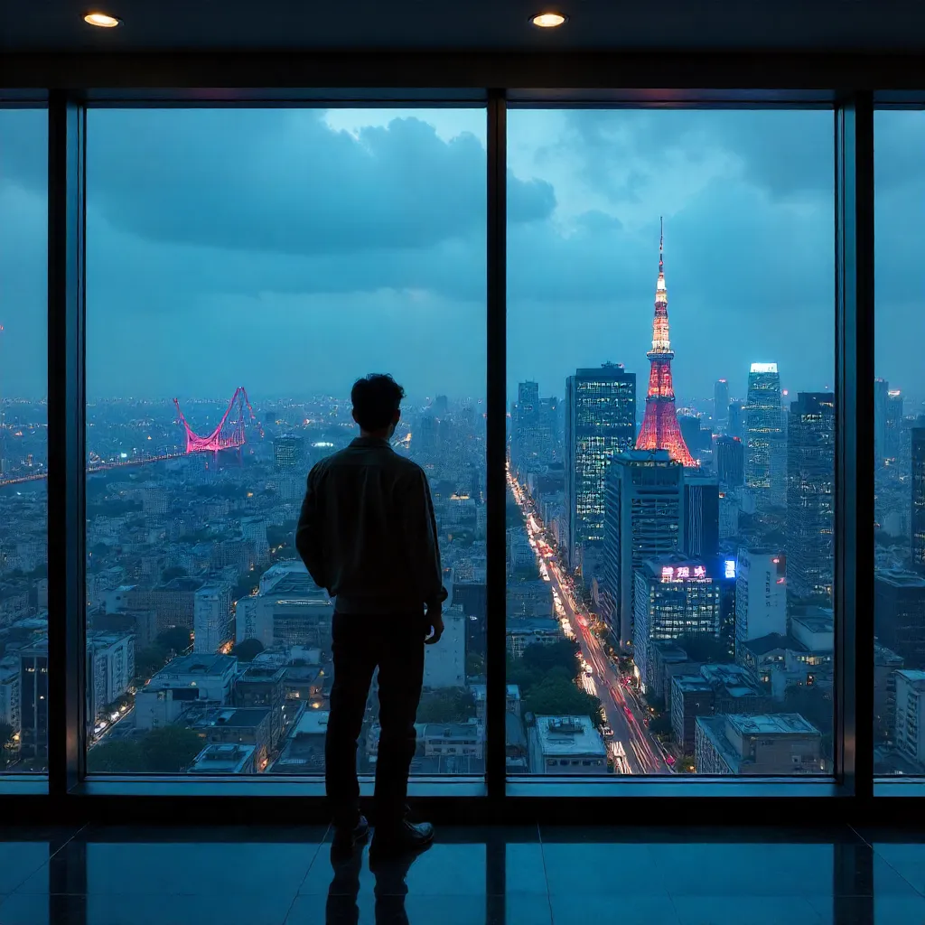 Man in a High-Rise Overlooking Tokyo Skyline