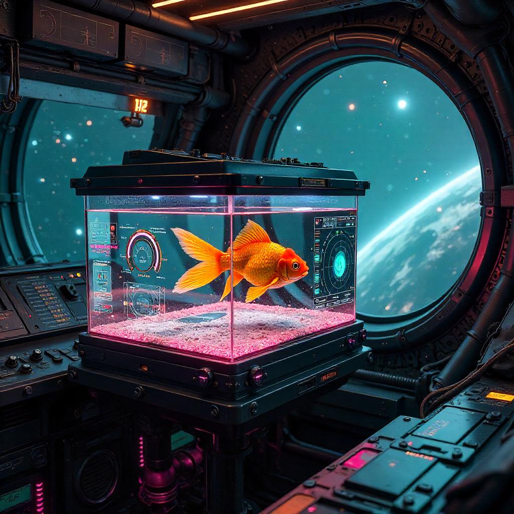 Neon Goldfish Aboard a Cyberpunk Spaceship