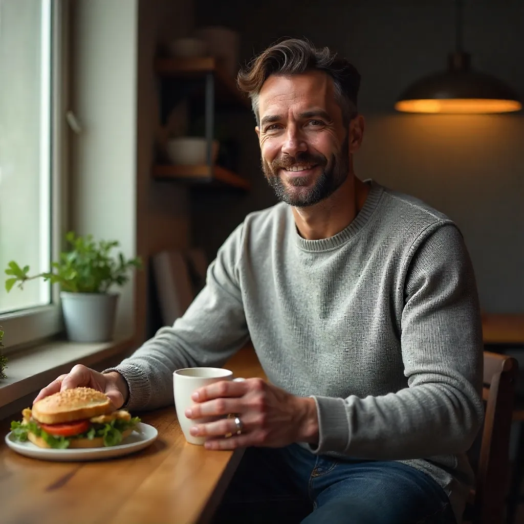 Casual Man with Sandwich and Tea Indoors