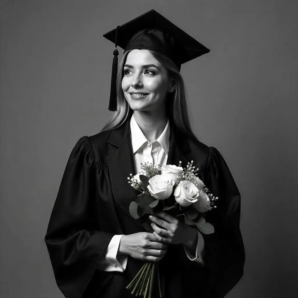 Stylish Black and White Graduate Portrait with Flowers