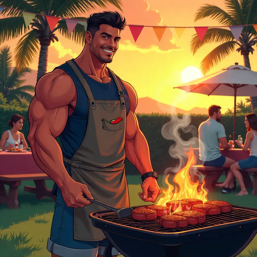 Anime Strong Latino Grilling Hero at a Barbecue