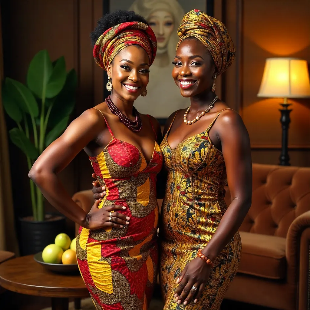 Elegant Two Women in African Attire Indoors with Smiles