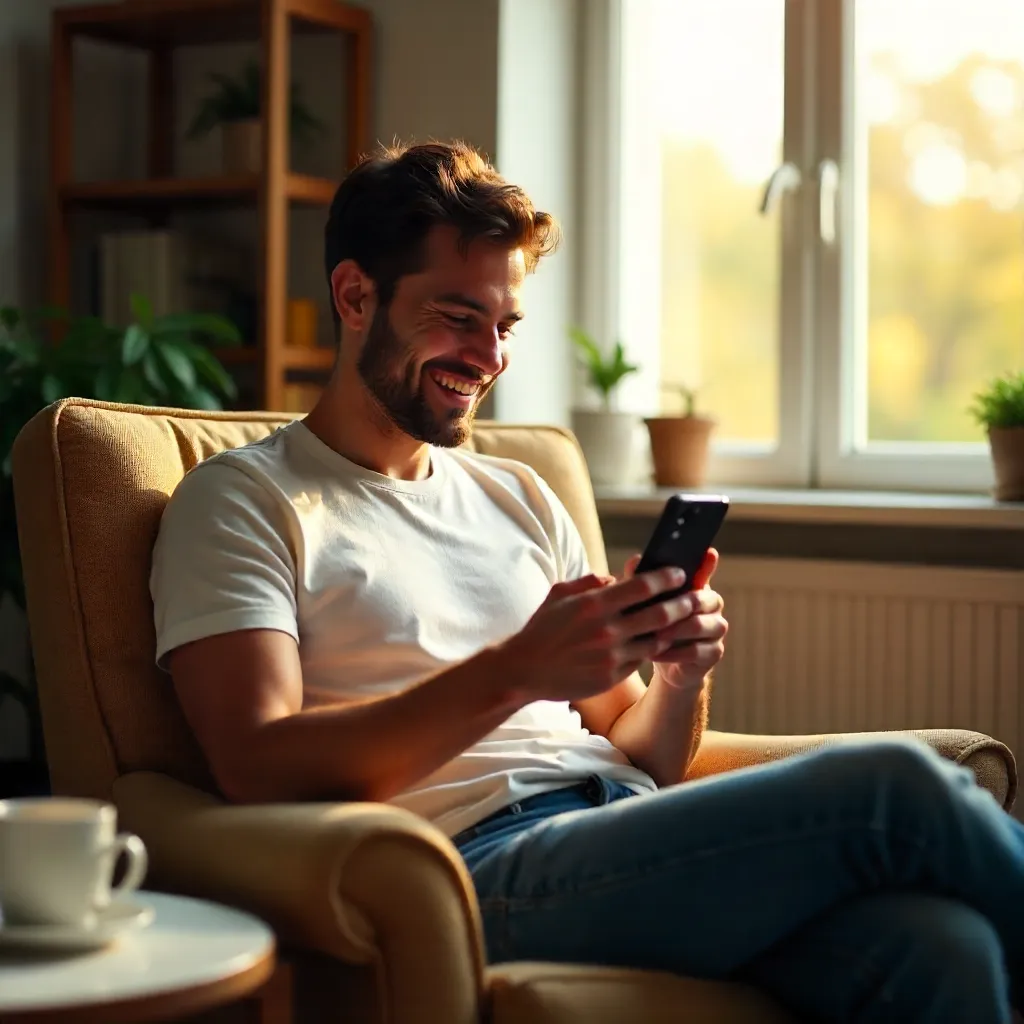 Joyful Indoor Moment: Happy Man with Phone