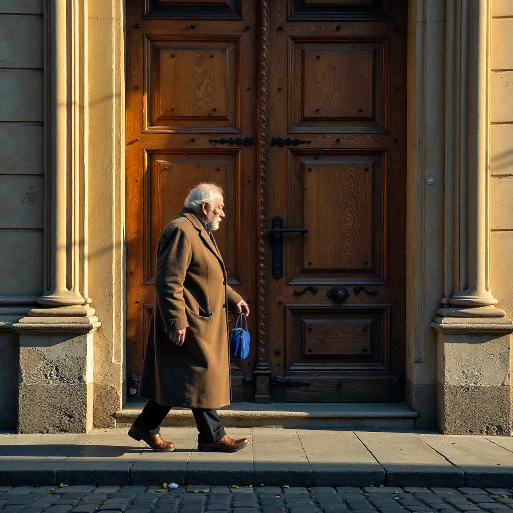 Elderly Man in a Coat by a Large Wooden Door