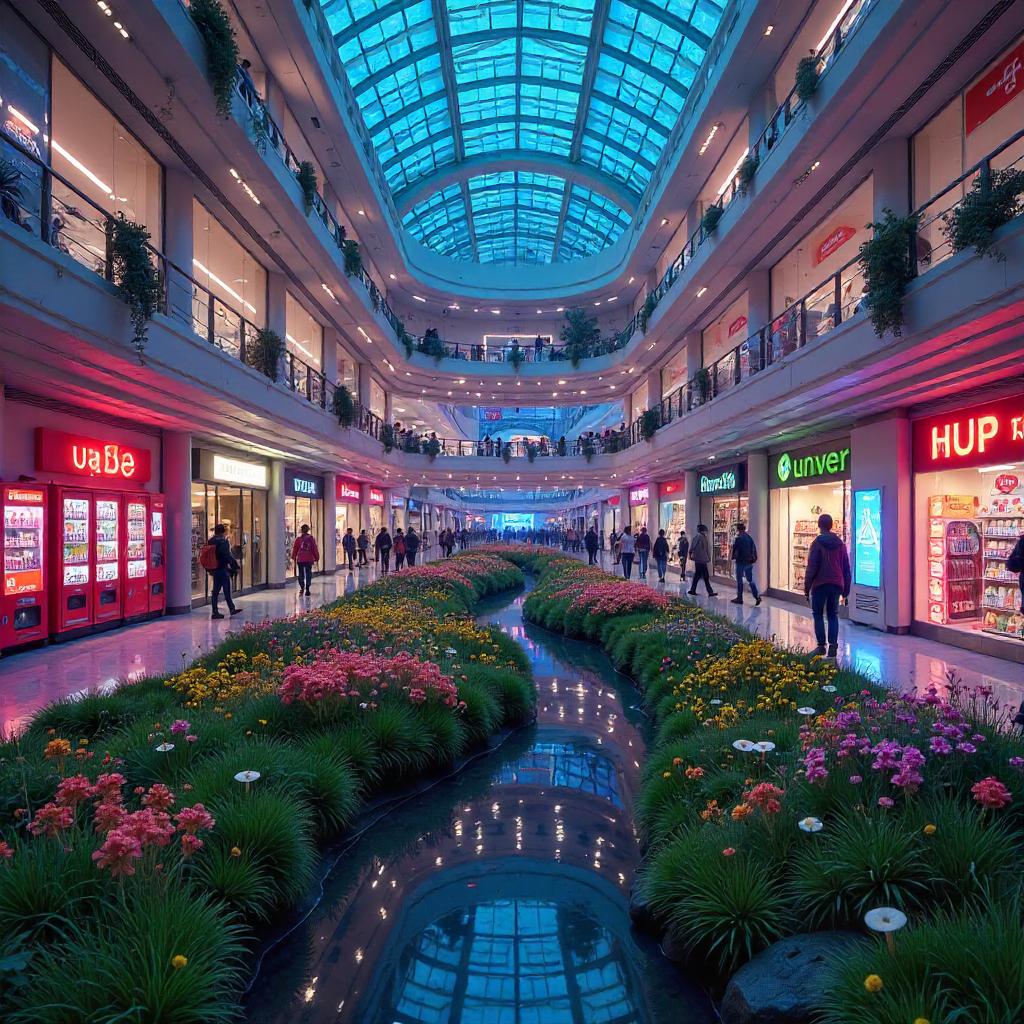 Meadow in a Neo-Cyberpunk Mall Atrium