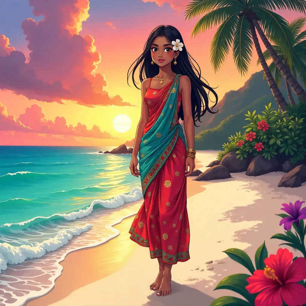 Anime Style Indian Woman in a Tropical Paradise