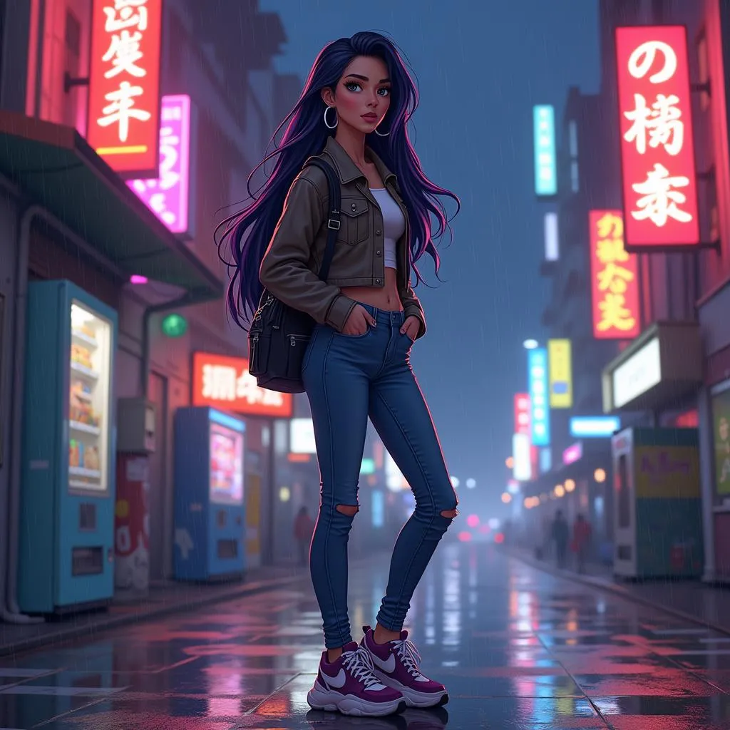 Neon Nights: Latina Woman in Anime Urban Glow