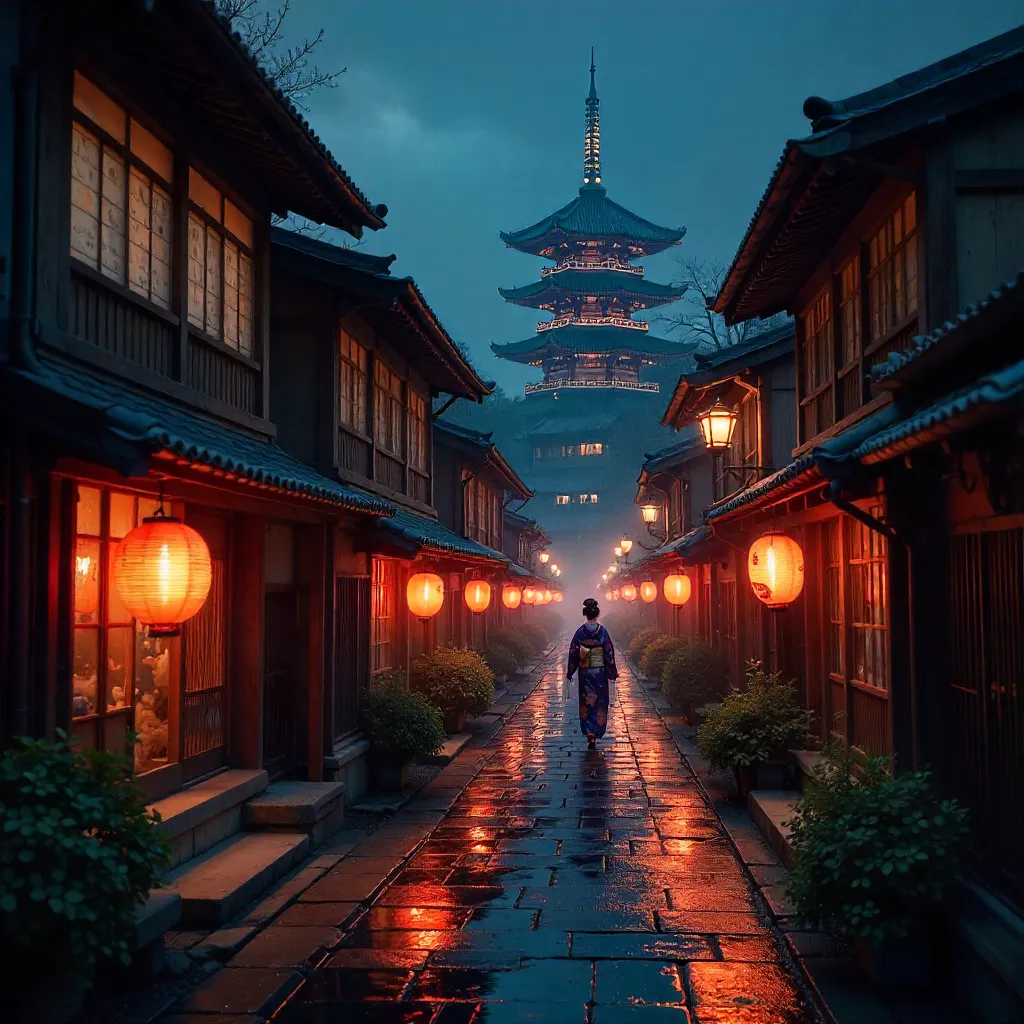 Ethereal Lantern Glow in Kyoto's Historic Night