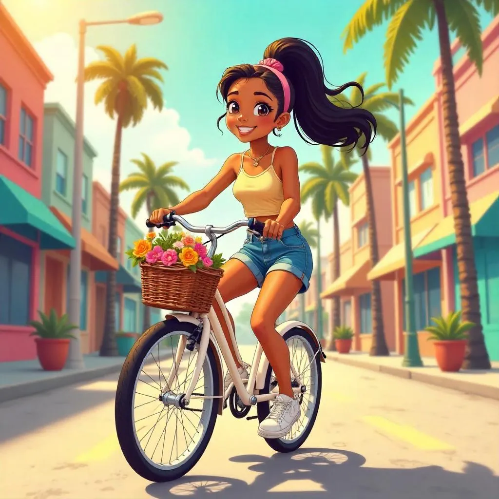Cheerful Latina on a Bicycle - Anime Style