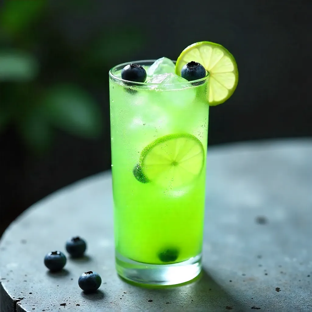 Chilled Lime-Green Cocktail with Blueberry Garnish on Concrete