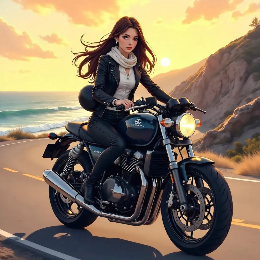 Elegant Anime Rider on a Motorcycle
