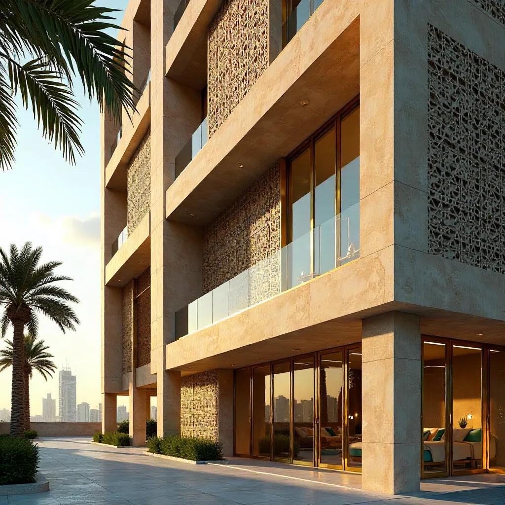 Dubai Facade: Geometric Patterns and Palm Leaves