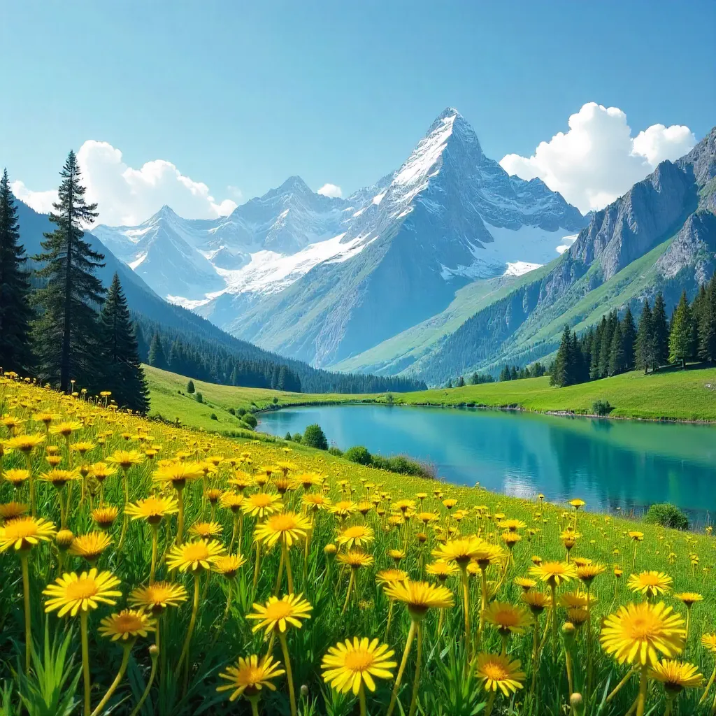 Serene Alpine Meadow Under Snow-Capped Peaks