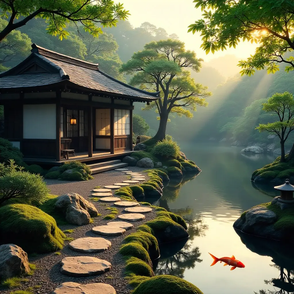 Peaceful Japanese garden path to a traditional house