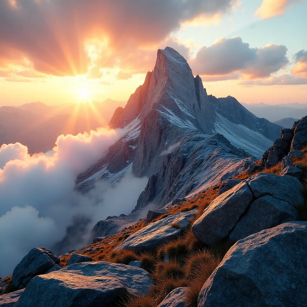Mist-Kissed Sunrise Over Alpine Summit