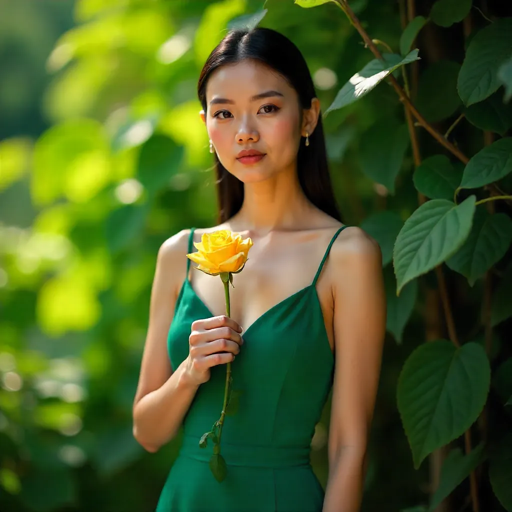 Stylish Green-Dress Woman with Yellow Rose