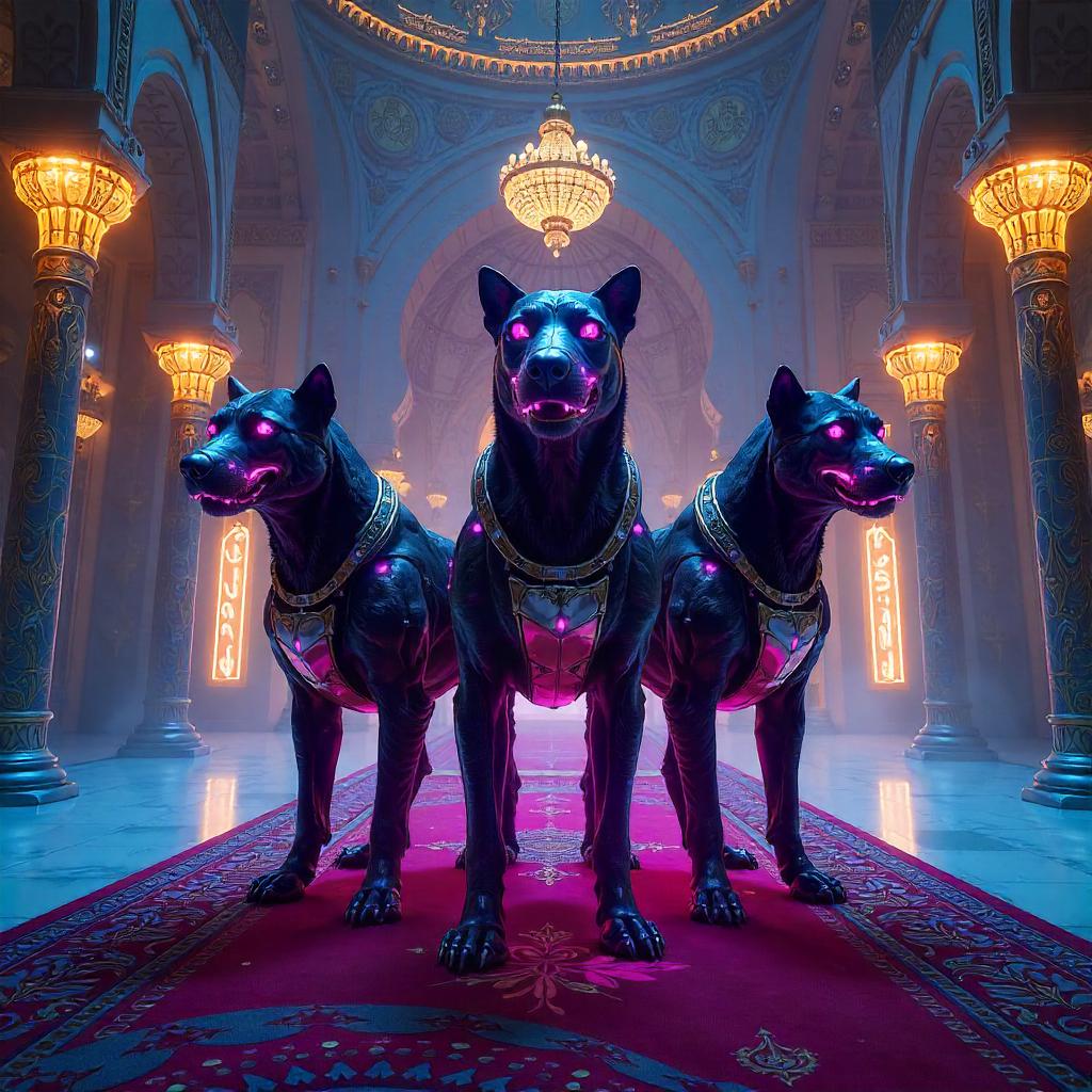 Neon Cerberus: A Cyberpunk Guardian in a Mosque