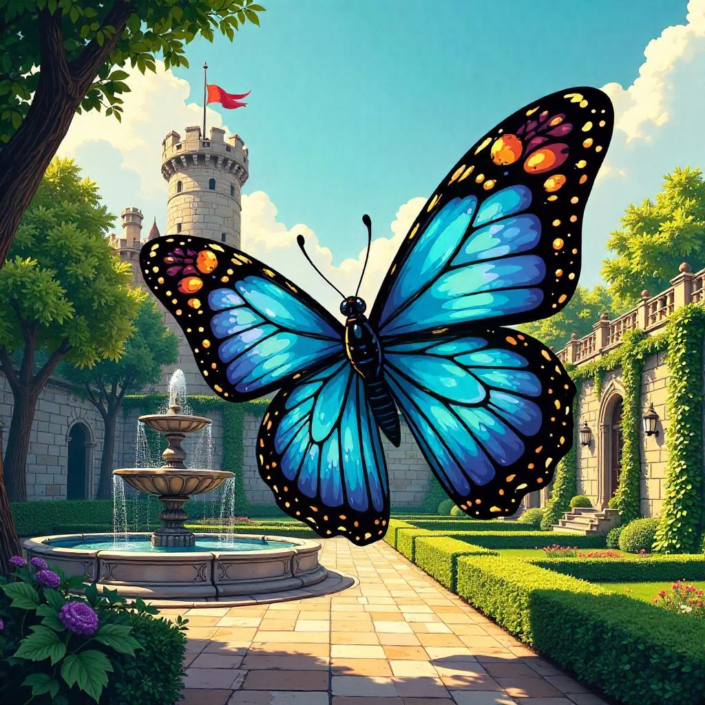 Butterfly in a Castle Garden: Comic Book Style