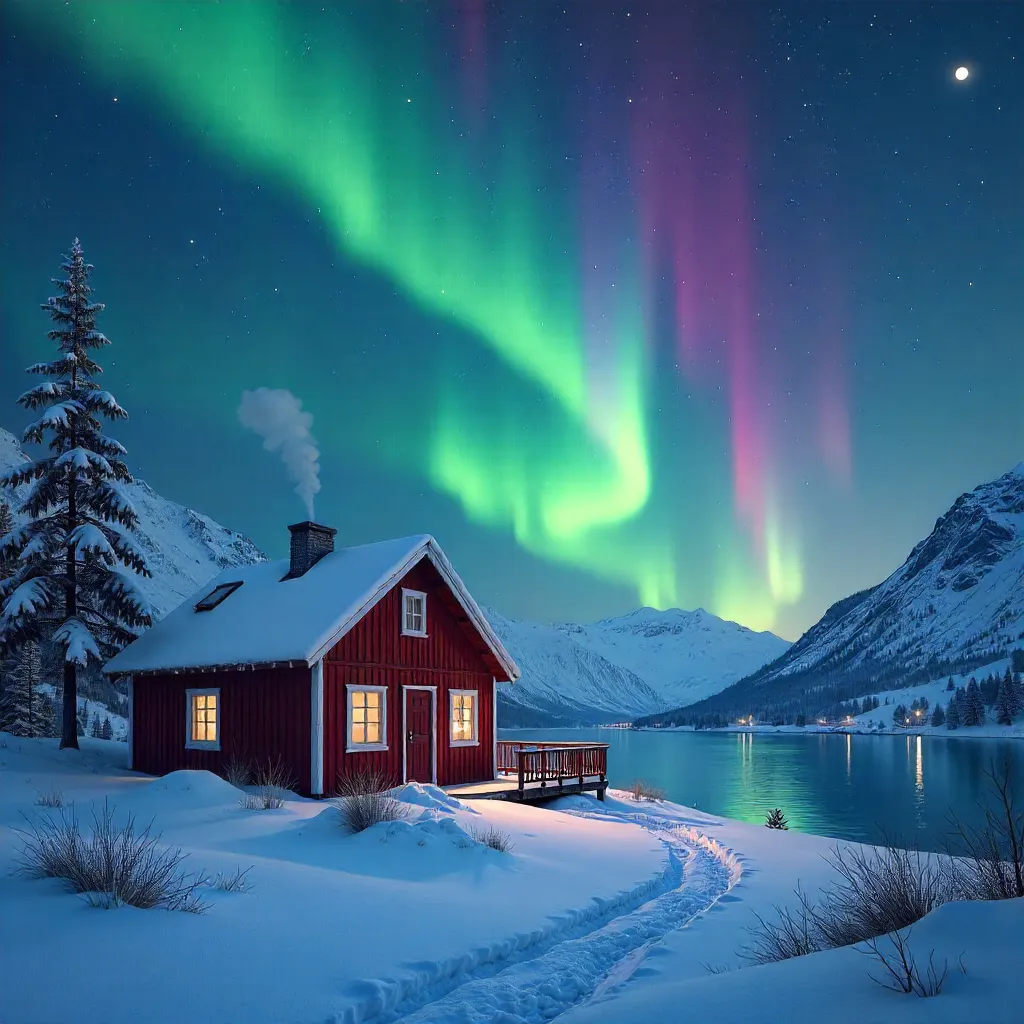 Aurora over Rustic Norwegian House
