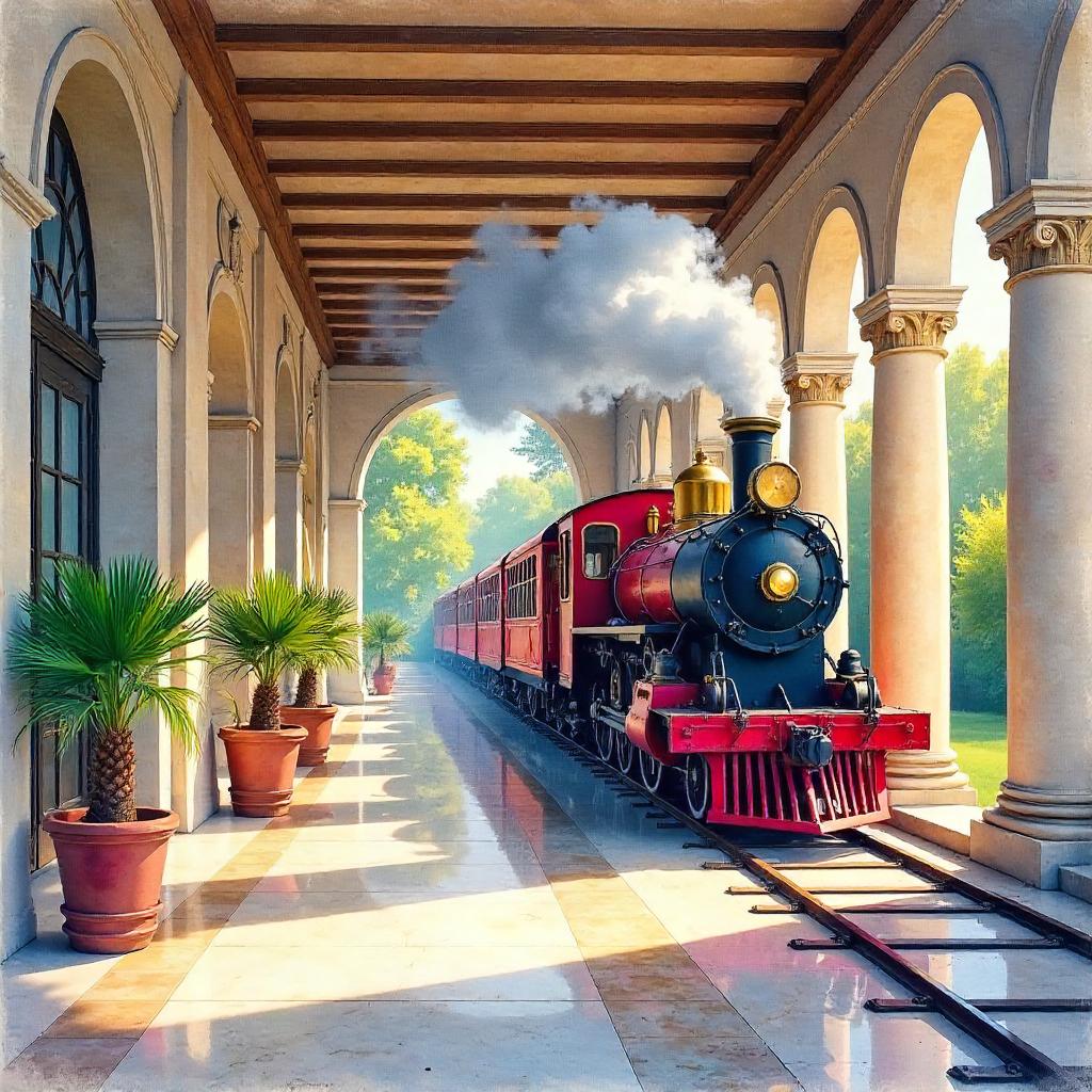 Watercolor Train in a Sunlit Villa Interior