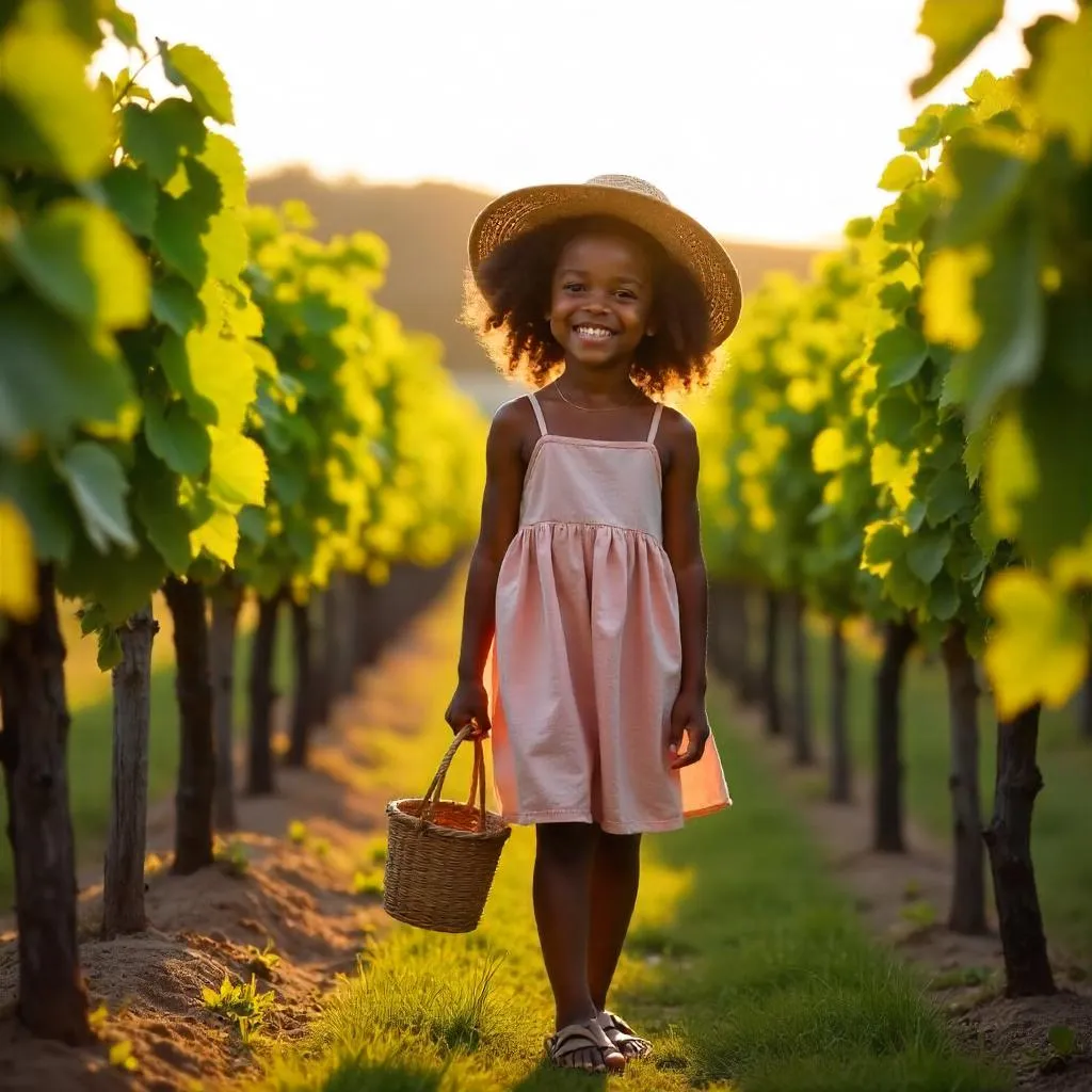Cheerful Black Girl in a Sunlit Vineyard