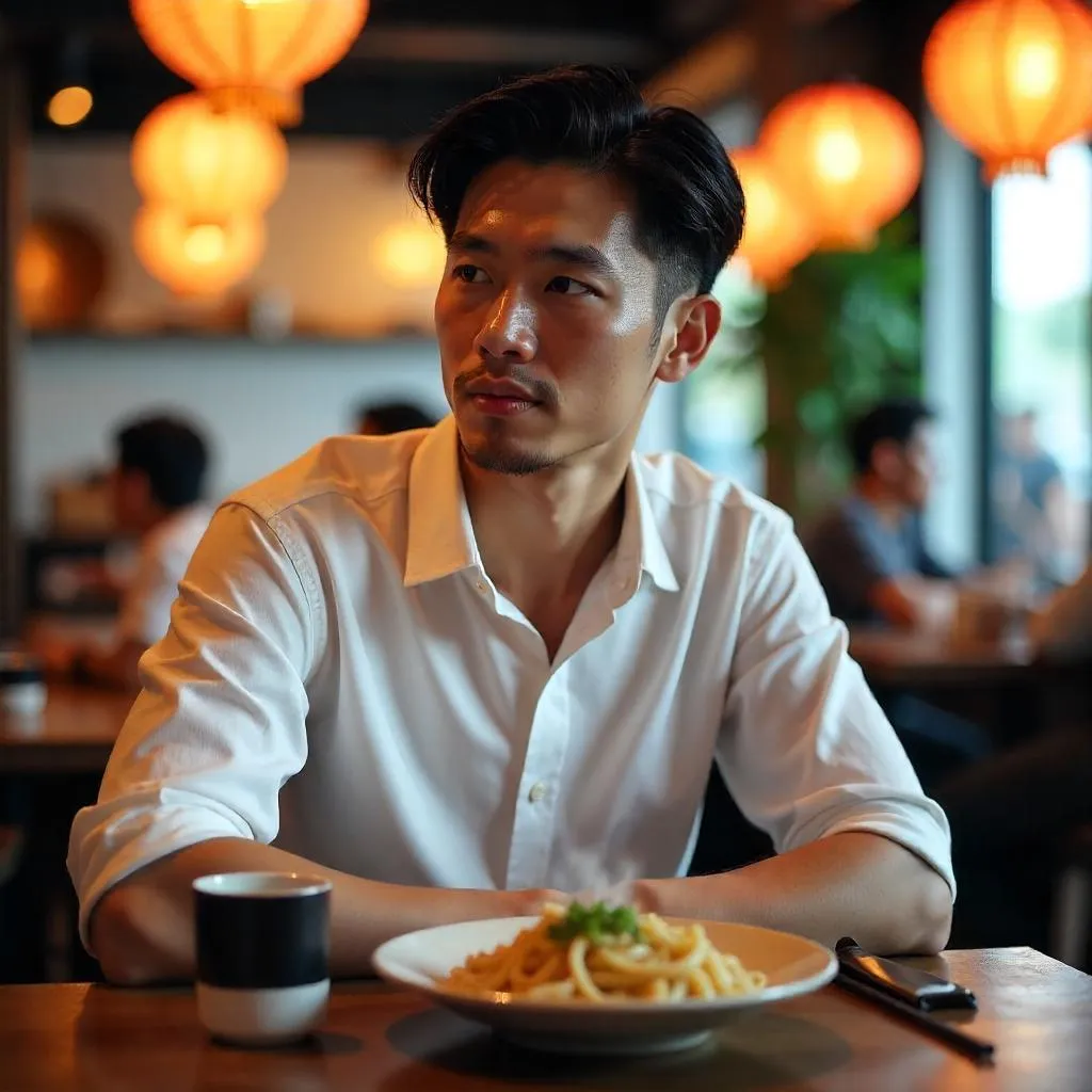 Young Asian Man in a Cozy Restaurant